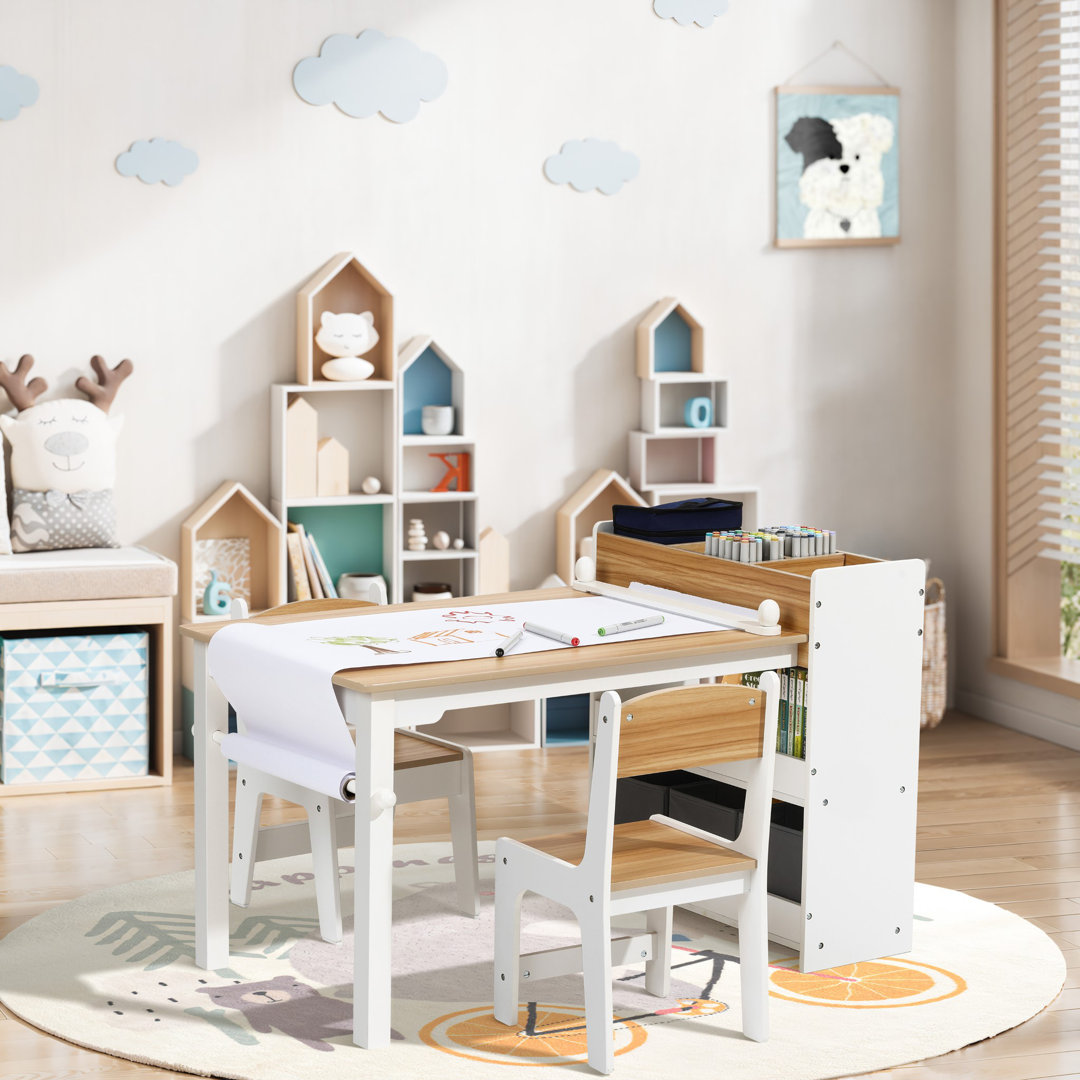 Children Play Table with Bookcase and 2 Chairs Set